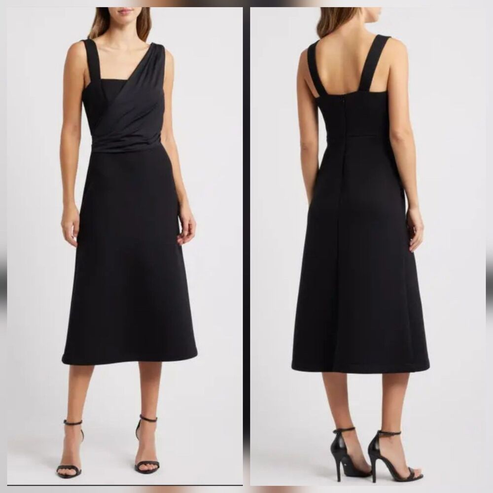 Du Paradis Vienna Mixed Media A-Line Midi Dress Black Stretch Scuba Womens L